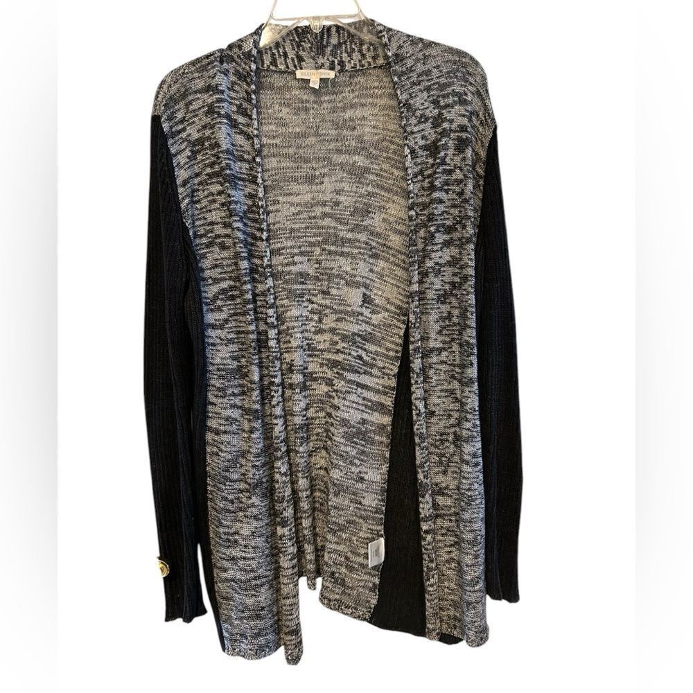 Eileen Fisher 100% Linen Black & White Open Front Cardigan Sweater Size S